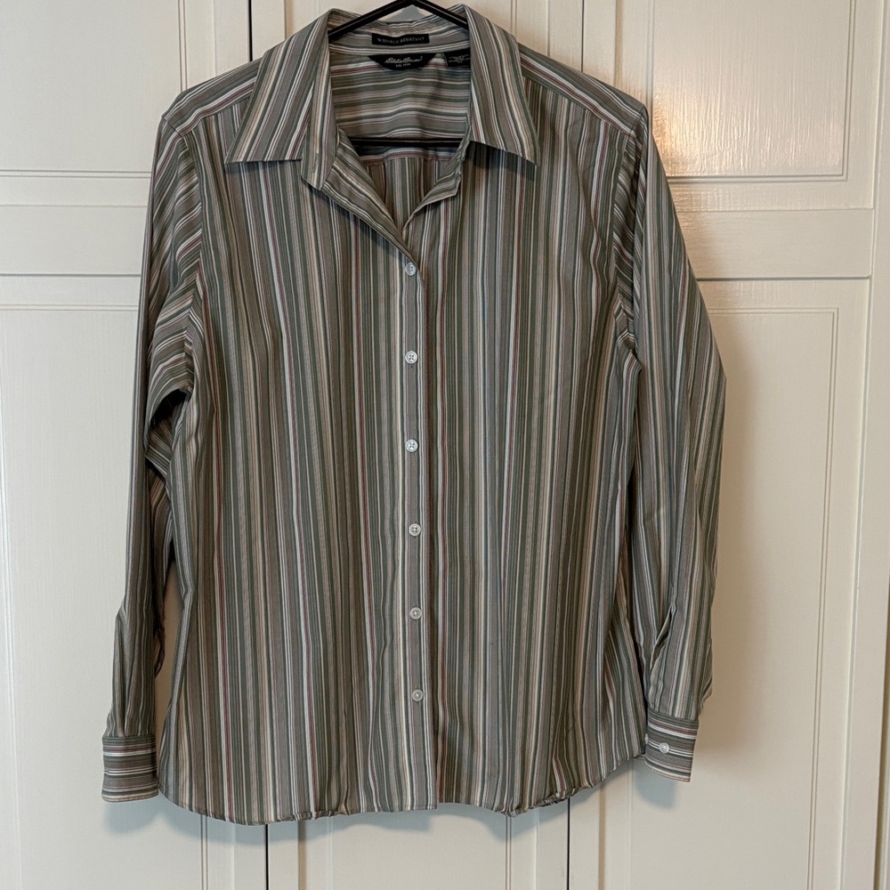 Eddie Bauer Green Striped Blouse wrinkle resistant XL